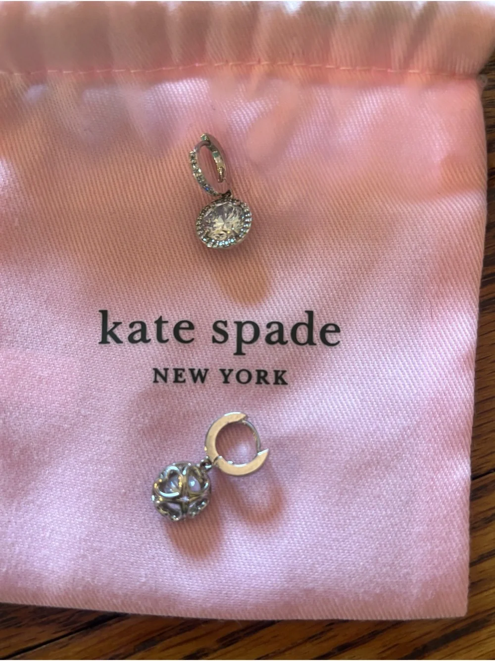 Kate Spade Silver Crystal Halo Drop Earrings with Pink Pouch
